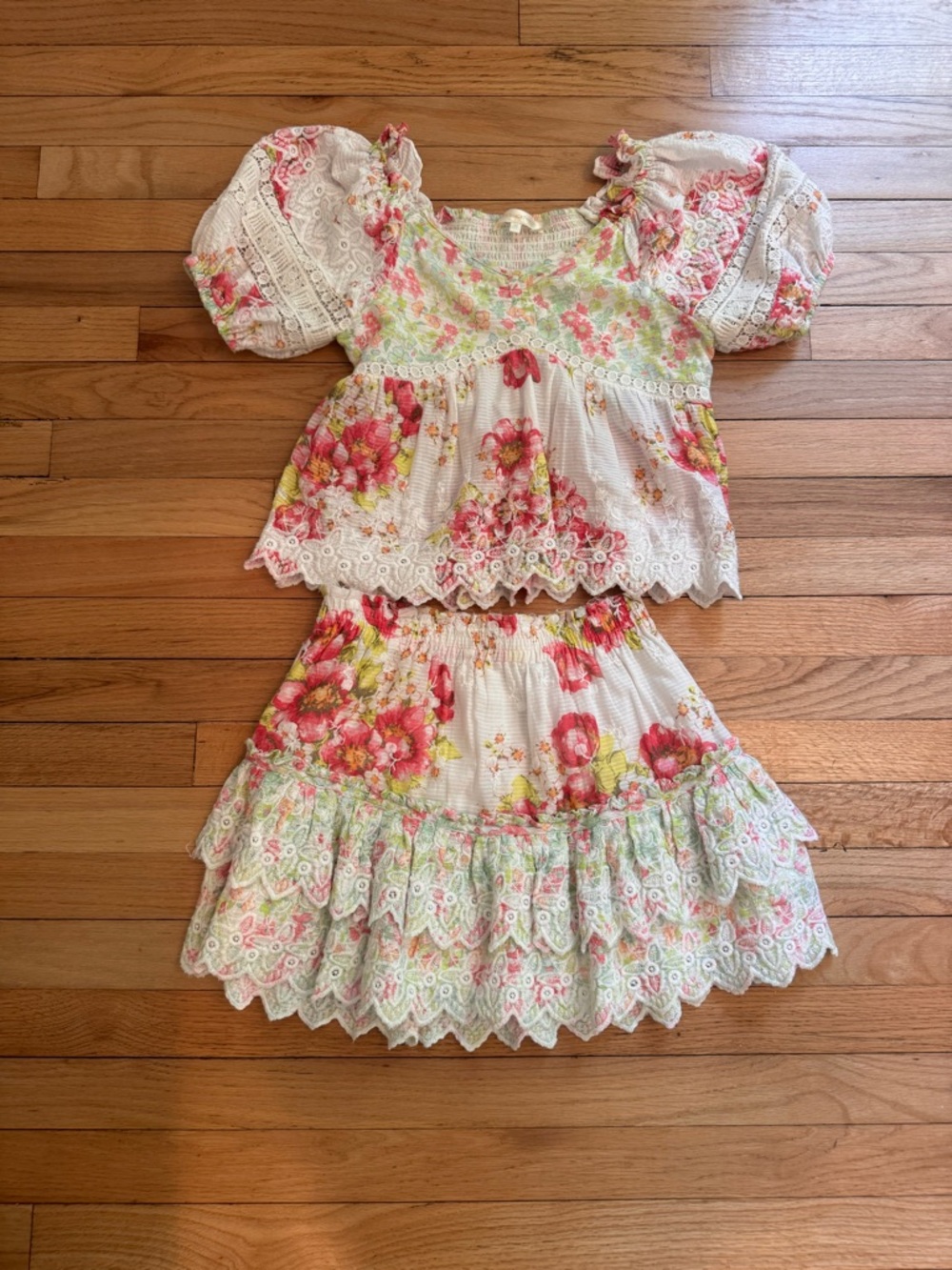 LoveShackFancy White Floral Smocked Waist Mini Skirt - Picture 4 of 5